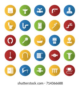 Plumbing flat design long shadow glyph icons set. Sanitary equipment. Bathroom. Vector silhouette illustration