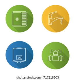 Plumbing flat design long shadow glyph icons set. Kitchen sink, faucet, household boiler, plumbing valve. Vector silhouette illustration