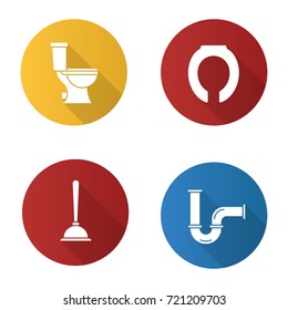 Plumbing flat design long shadow glyph icons set. Lavatory pan, toilet seat, plunger, pipe. Vector silhouette illustration