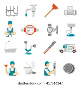 Plumbing Flat Icons Set Isolated Vector Illustration