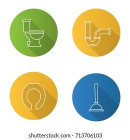 Plumbing flat linear long shadow icons set. Lavatory pan, toilet seat, plunger, pipe. Vector outline illustration