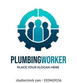 Plumbing gear with worker vector logo template. This design use human symbol.