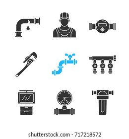 Plumbing glyph icons set. Broken pipe, plumber, water meter and filter, spanner, manifold tap, bathroom cabinet, pressure gauge, water. Silhouette symbols. Vector isolated illustration