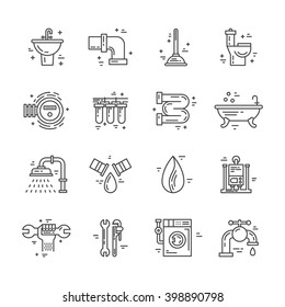 Plumbing and handyman service symbols made in line style vector. Vector collection of plumbing icons. Modern illistrations of pipe, leak, faucet fixing and other repair services.