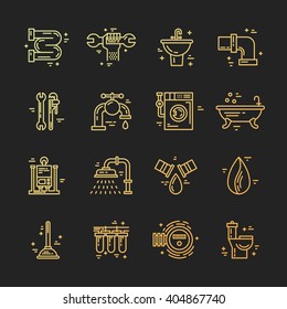 Plumbing and handyman service symbols made in line style vector. Vector collection of plumbing icons. Modern illistrations of pipe, leak, faucet fixing and other repair services.