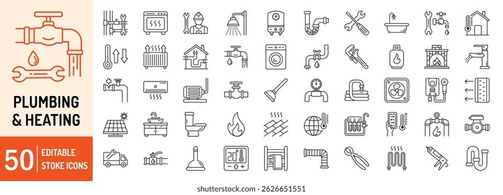 Plumbing and Heating collections editable stroke outline web icons set. Plumbing, heating, plumber, water, pipe, service, shower, repair, bathtub, leak, wrench, and more... Vector illustration