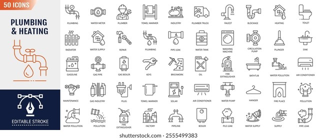 Plumbing and Heating Editable Stroke Line Icon set. Containing pipes, boilers, tools, and more. Vector Illustration