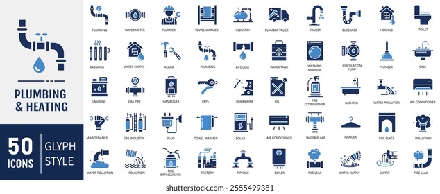 Plumbing and Heating Flat Icon set. Containing pipes, boilers, tools, and more. Vector Illustration