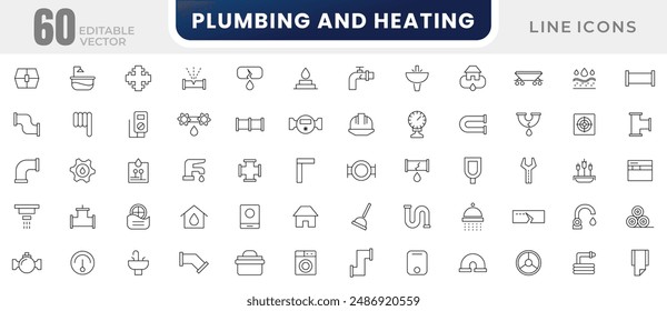 Icon-Set für Sanitär- und Heizungsleitungen. Öffentliche Versorgungsbetriebe, Gas, Strom, Wasser, Heizung, Sanitär, Lüftung, Klimatisierung und Wartung Umriss Icon-Kollektion. Dünne Kontursymbole der Benutzeroberfläche 