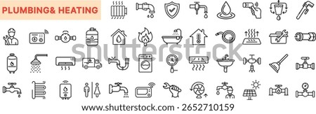 Plumbing and Heating Line Icon Set Featuring Faucet, Pipe, Wrench, Thermostat, Water Heater, Radiator, Sink, Shower, Pressure Gauge, Leak, Boiler, Tap, Plumber, and Valve Icon Design