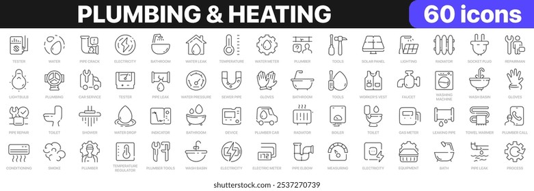 Encanamento e coleção de ícones de linha de aquecimento. Banheiro, tubulação, torneira, radiador, ícones da caldeira. Ícone de IU definido. Pacote fino de ícones de estrutura de tópicos. Ilustração vetorial EPS10