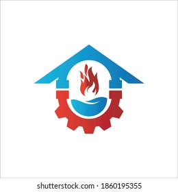 plumbing and heating  logo concept with gear, water icon , fire