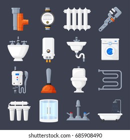 Plumbing and heating set. Technician works for industrial project, professional service. Vector flat style illustration isolated on dark blue background