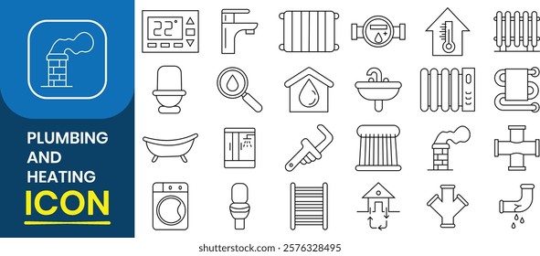 Plumbing, Heating vector icon set. Water supply, sewerage, Plunger, dishwasher, pipeline, bathtub, faucet, sink, pissoir, bathroom equipment, ventilation, conditioning. Vector illustration.