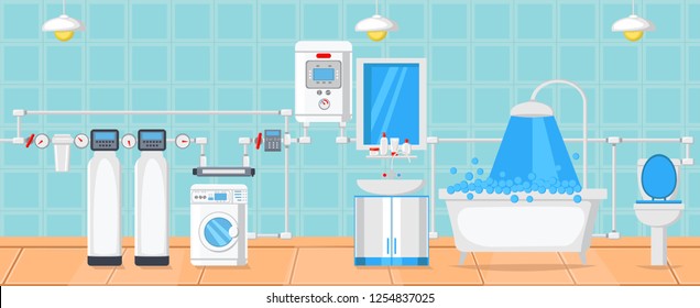 Plumbing in House. Water Supply Concept. Modern Technology in Plumbing. Battery and Heating at Home. Batteries and Heat Supply. Heating Layout. Boiler Room. Vector Flat Illustration.