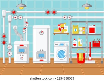 Plumbing in House. Water Supply Concept. Modern Technology in Plumbing. Battery and Heating at Home. Batteries and Heat Supply. Heating Layout. Boiler Room. Vector Flat Illustration.