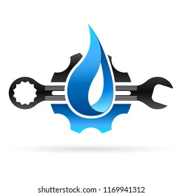 Plumbing Icon With Gear Wheel, Wrench And Water Drop