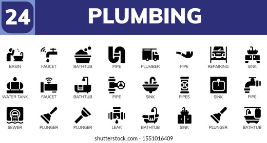 plumbing icon set. 24 filled plumbing icons.  Simple modern icons about  - Basin, Faucet, Bathtub, Pipe, Plumber, Repairing, Sink, Water tank, Pipes, Sewer, Plunger, Leak