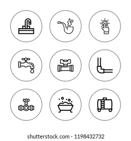 Plumbing icon set. collection of 9 outline plumbing icons with bathtub, faucet, pipe, pipeline, pipes, tap, sink icons. editable icons.