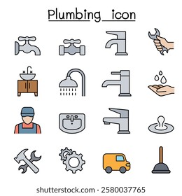 Plumbing icon set in color line style