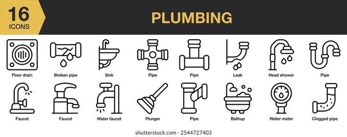Conjunto de ícones de encanamento. Inclui dreno de piso, pia, tubulação, torneira, êmbolo, banheira, água e muito mais. Contornar coleção de vetores de ícones.