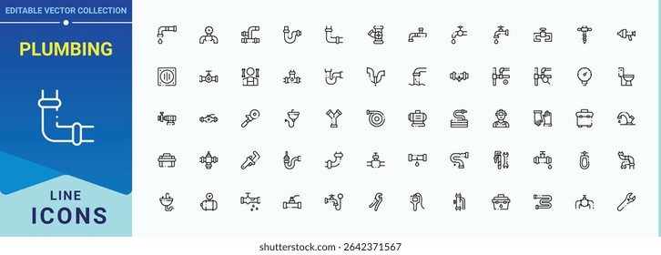 Plumbing icon set. Outline symbol collection. Contains related to bathroom, bath, equipment, construction. Vector artwork and illustration. Bath related icon set.