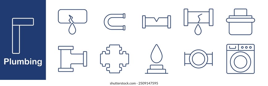 Plumbing icon set. Pipe, leak, magnet, fitting, water, drop, washing machine, drain, connection, plumbing, maintenance, home, repair, fixture, liquid, equipment, infrastructure