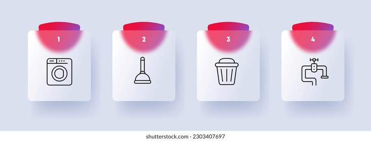 Plumbing icon set. Pipes, faucets, plumbing fixtures. Water supply. Glassmorphism style. Vector line icon for Business and Advertising