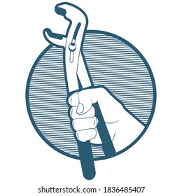 Plumbing icon vector illustration with pipe spanner wrench in hand isolated on white background.