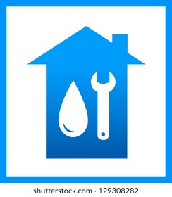 plumbing icon with water drop and wrench on house background