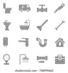 Plumbing Icons. Gray Flat Design. Vector Illustration. 