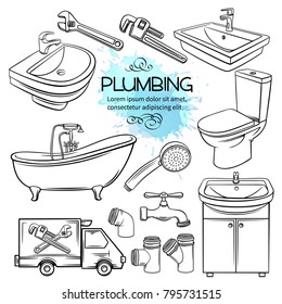 Plumbing icons. Hand drawn shower, bathroom sink, toilet, sanitary wrench and tap for house plumbing promotion design. Outline vector illustration.