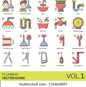 Plumbing icons including male, female plumber, sink, toilet, drain, shower, pipe, bathtub, faucet, pressure gauge, tape, cup plunger, adjustable wrench, rib-joint pliers, hacksaw, screwdriver, allen.