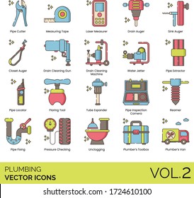 Plumbing Icons Including Pipe Cutter, Measuring Tape, Laser Measurer, Drain Auger, Sink, Closet, Cleaning Gun, Machine, Water Jetter, Extractor, Locator, Flaring Tool, Tube Expander, Inspection Camera