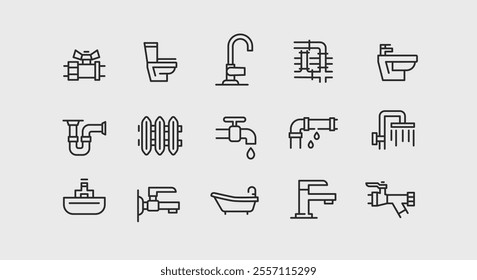 Plumbing icons. Set of 15 plumbing trendy minimal icons. Pipe, Faucet, Tap, Toilet, Shower, Wrench, Valve, Sink icon. Design signs for web page, mobile app, home services. Vector illustration.