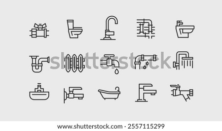 Plumbing icons. Set of 15 plumbing trendy minimal icons. Pipe, Faucet, Tap, Toilet, Shower, Wrench, Valve, Sink icon. Design signs for web page, mobile app, home services. Vector illustration.