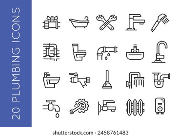 Iconos de fontanería. Conjunto de 20 iconos de plomería de moda mínima. Tubo, grifo, grifo, inodoro, ducha, llave, válvula, icono del fregadero. Diseño de carteles para página de Web, App móvil, servicios a domicilio. Ilustración vectorial.