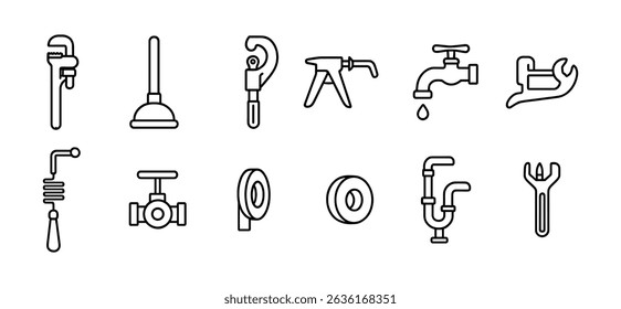 Plumbing icons set. Constraction tools, equipment outline icons. 