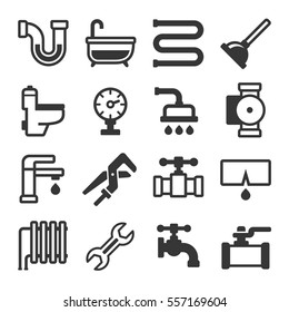 Plumbing Icons Set on White Background. Vector