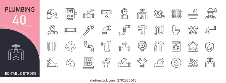 Plumbing icons set representing pipes, water systems, maintenance, repair services, drainage and plumbing equipment. Editable Stroke.
