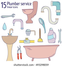 Plumbing icons vector set. Set of line style plumbing stuff.
