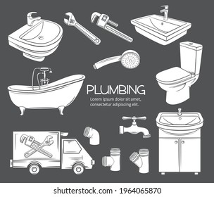 Plumbing icons. White on black glyph shower, bathroom sink, toilet, sanitary wrench and tap for house plumbing promotion design. Stamp, vector illustration.