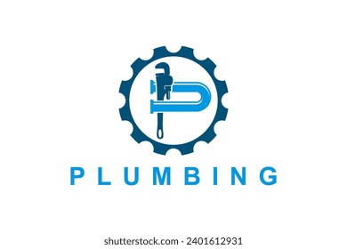 Plumbing industry logo gear spanner monkey wrench icon symbol.