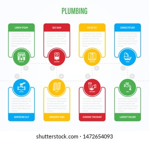 Plumbing infographics with thin line icons in circles and copy space near. Business data visualization. Bathtub, water filter, faucet, siphon, shower cabin, pipe, ball valve. Vector illustration.