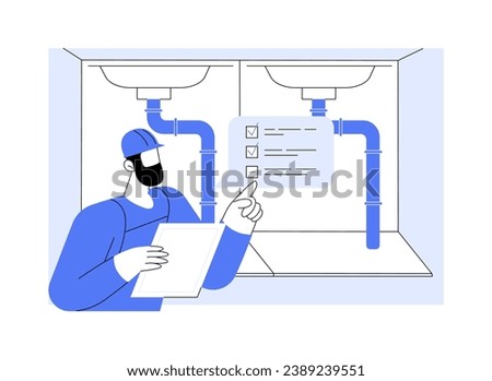 Plumbing inspection abstract concept vector illustration. Inspector in uniform examines plumbing system at a commercial construction site, building inspection services abstract metaphor.