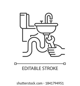 Plumbing installation linear icon. Home plumbing. Renovation. Toilet and sink installations. Thin line customizable illustration. Contour symbol. Vector isolated outline drawing. Editable stroke