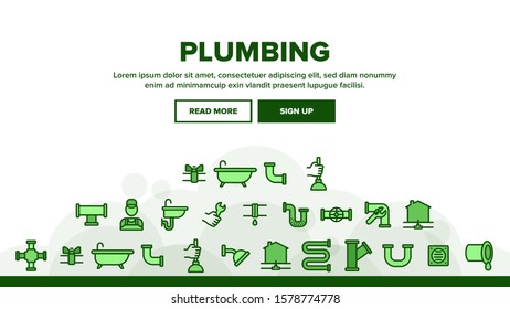 Plumbing Landing Web Page Header Banner Template Vector. Bathroom Plumbing Accessories And Equipment Concept Linear Pictograms. Leaking Tube And Plumber Illustration