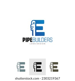 Plumbing Letter E Logo of pipe wrench icon vector plumber maintenance symbol service workman business clipart