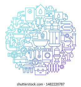 Diseño de círculo de iconos de línea de fontanería. Ilustración vectorial de reparación de objetos de esquema.