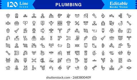Sanitäre Linie Icon-Set mit editierbaren, Pixel-perfekte Icons mit einem sauberen und modernen Design-Stil. Perfekt für Sanitär-, Wartungs-, Reparatur- und Konstruktionsthemen.